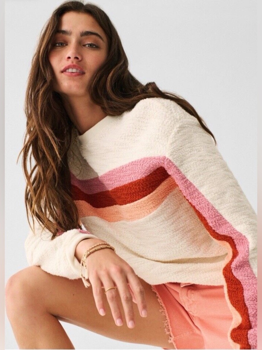 Faherty Sweatshirt Womens Small Vista Textured Crewneck Pink Cotton